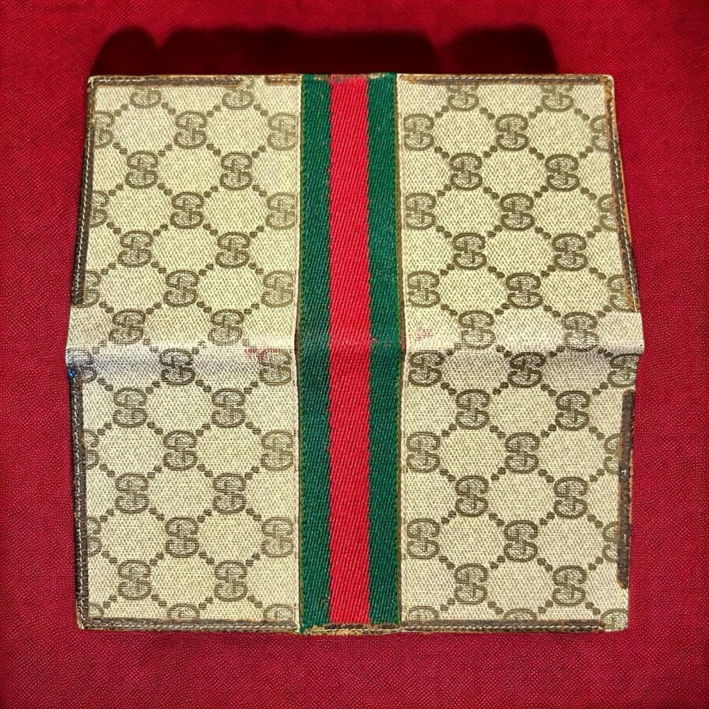 70’s Gucci Red & Green Stripe on Beige Gucci Logo Coated Canvas & Brown Leather - Picture 9 of 14